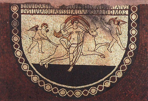 Lullingstone Villa: scene of Europa and the bull in the apse (photo by David S. Neal).